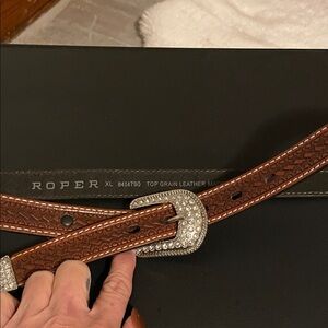 Roper Top Grain Leather Belt with Silver Jeweled Accents